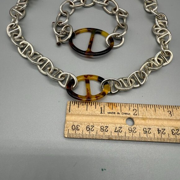 Chunky Chain Faux Tortoise Shell Link Necklace and Bracelet Set Silver Tone - Picture 4 of 4